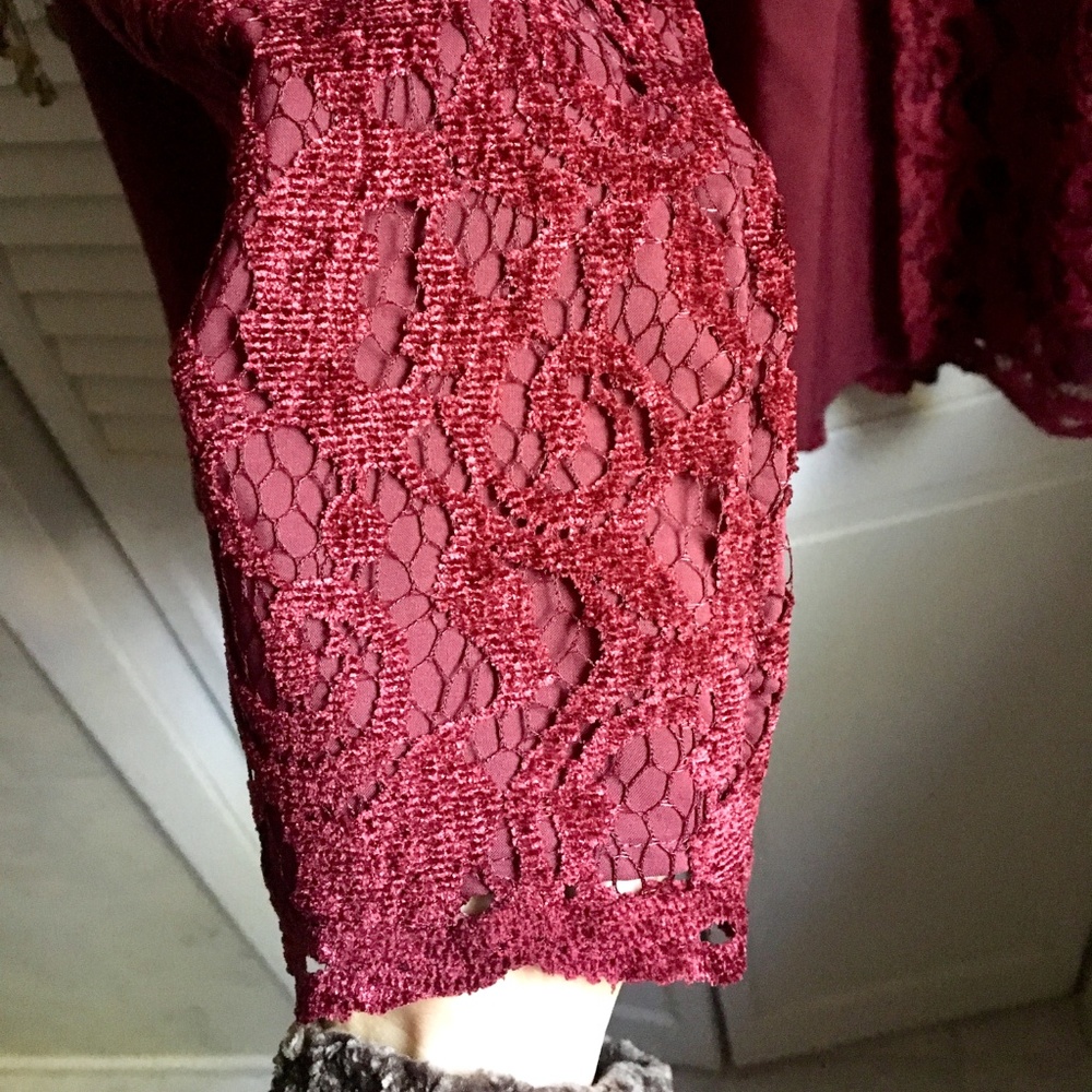 {Chico's} Cranberry Peplum Lace Overlay Jacket, L - Picture 5 of 8